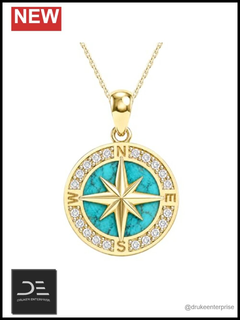 925 Sterling Silver 14K Gold Plated Compass Necklace North Star Pendant for